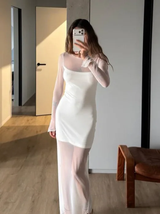 Net-silk dress - New style double-layer slim-fit elegant dress with graceful style