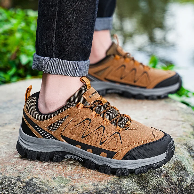 Brown Waterproof Hiking Shoes Men Low-Top Outdoor Trekking Sneakers for Men Size 47 48 Non-slip Rubber Mountain Climbing Shoes