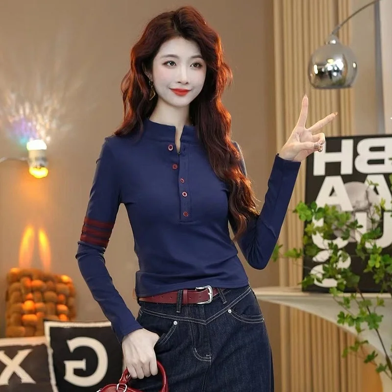 

Универсальный женский топ Sli для похудения и омоложения, осенняя новинка 2024 года, с высоким воротником, цветными блоками и пуговицами, базовая модель.