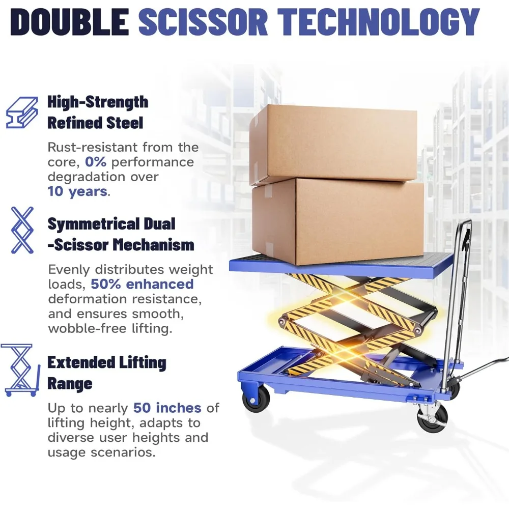 Hydraulic Lift Table Cart - Double Scissor Lift Design, 330lbs Capacity, Easy Operation with Locking Swivel Casters - for Materi