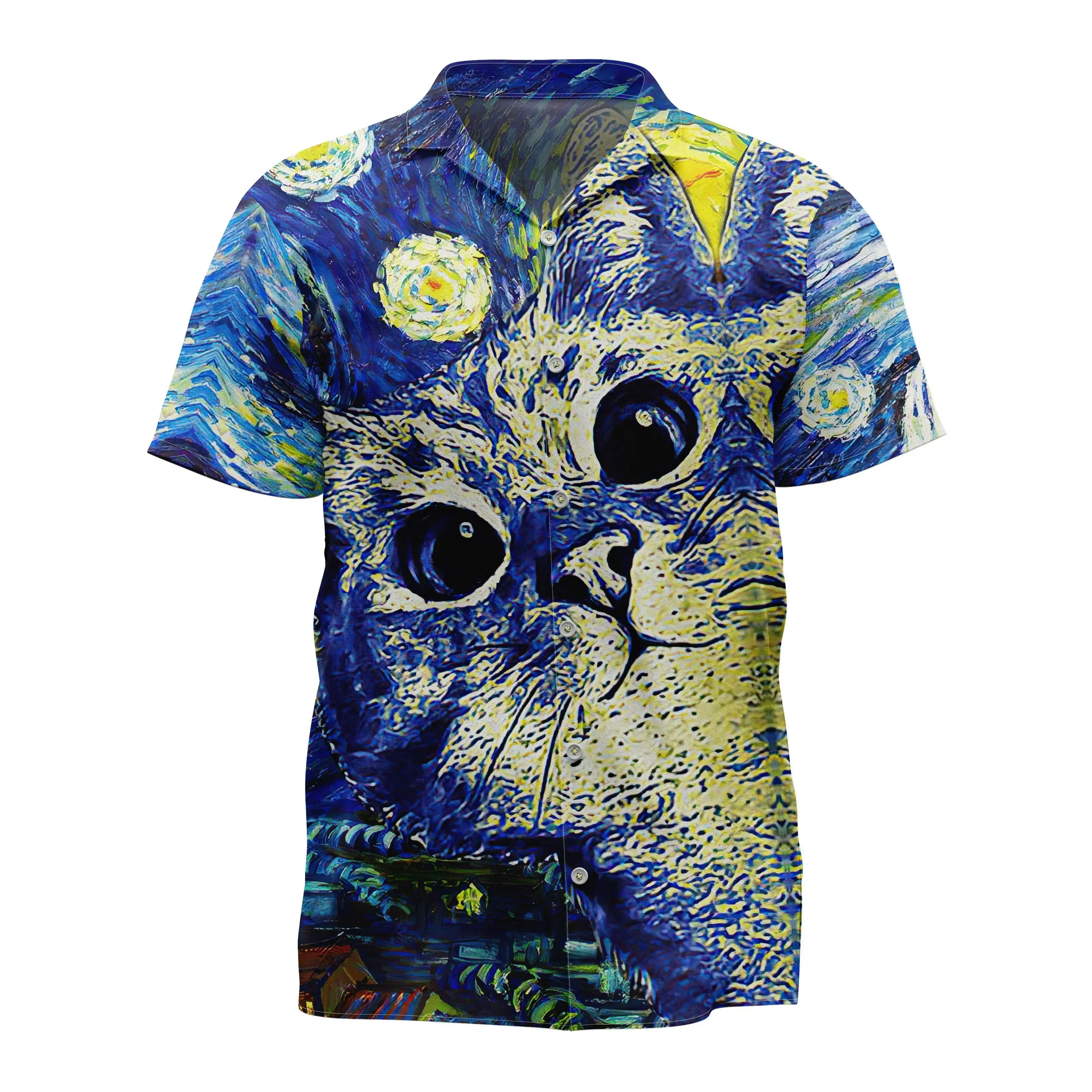 Jumeast Van Gogh Style Pattern Hawaiian Shirt The Starry Night Cat Graphic Aloha Shirts Tropical Casual Man Clothing Beach Top