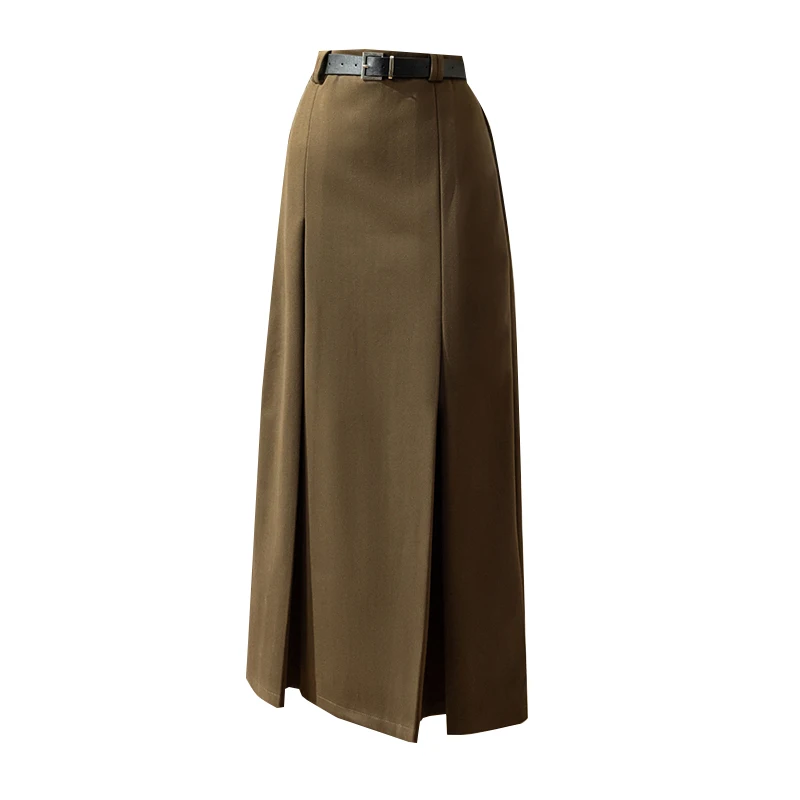 New 2023 Winter Wool Long Skirts For Women Retro High Waist Solid Pleated Skirt Vintage With Belt Brown Black Grey Falda Mujer