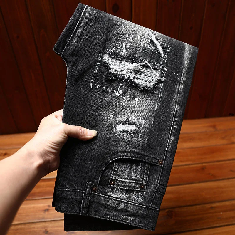 

Street Motorcycle Men's Jeans2024New Slim Fit Feet Stretch Hole & Patch Personalized Washed All-Matching Long Pants