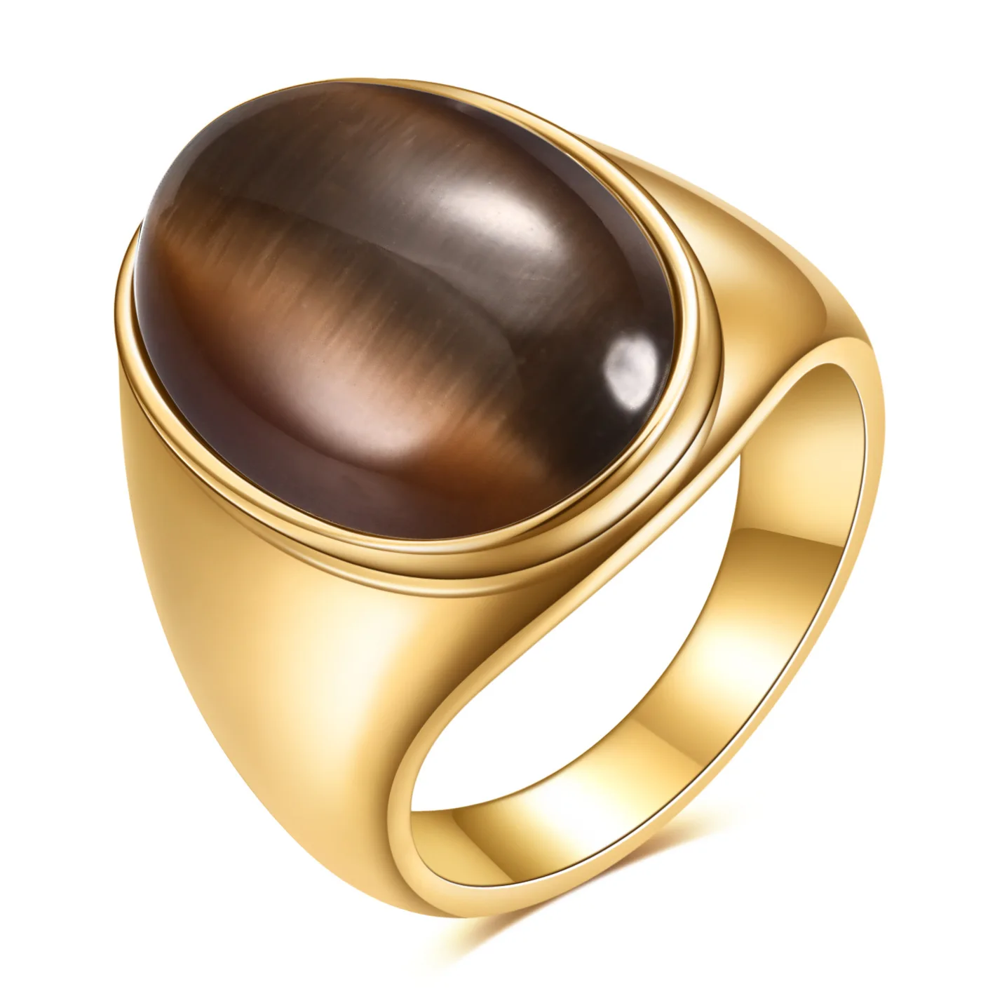Ovaler Katzenauge-Stein Edelstahlring Gold Silber Plattiert Mehrfarbiger Statement-Ring für Damen und Herren – Detail 7