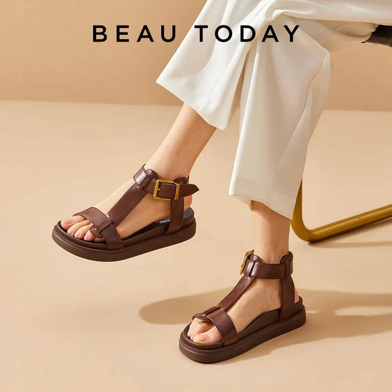 BEAUTODAY Gladiator Sandals Women Genuine Cow Leather T-Strap Platform Sandal Leisure Summer Ladies Shoes Handmade 32429