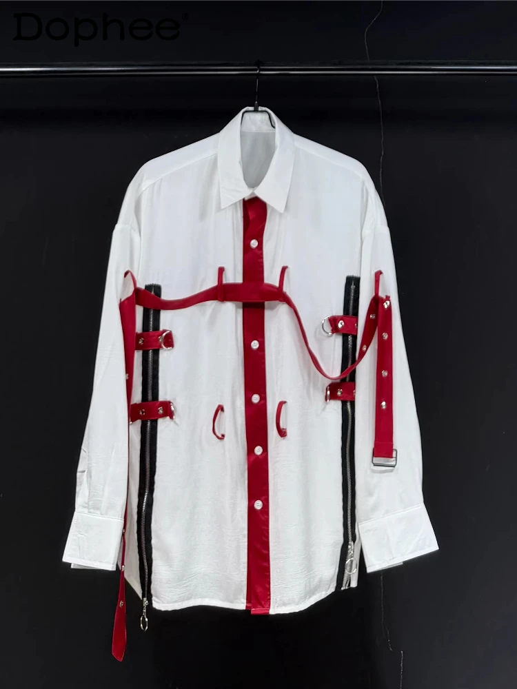 

2026 Весенние новые модные рубашки оригинального дизайна, стильные рубашки с красными ремешками для мужчин и женщин, свободные удобные уличные топы для пар