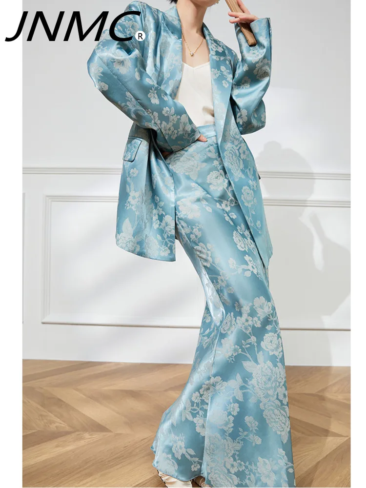 

JNMC Women's Spring/Summer 2024 Chinese Elegant Lapel Silky Design Printed Jacquard Satin Suit Jacket And Slim-fit Skirt Suit