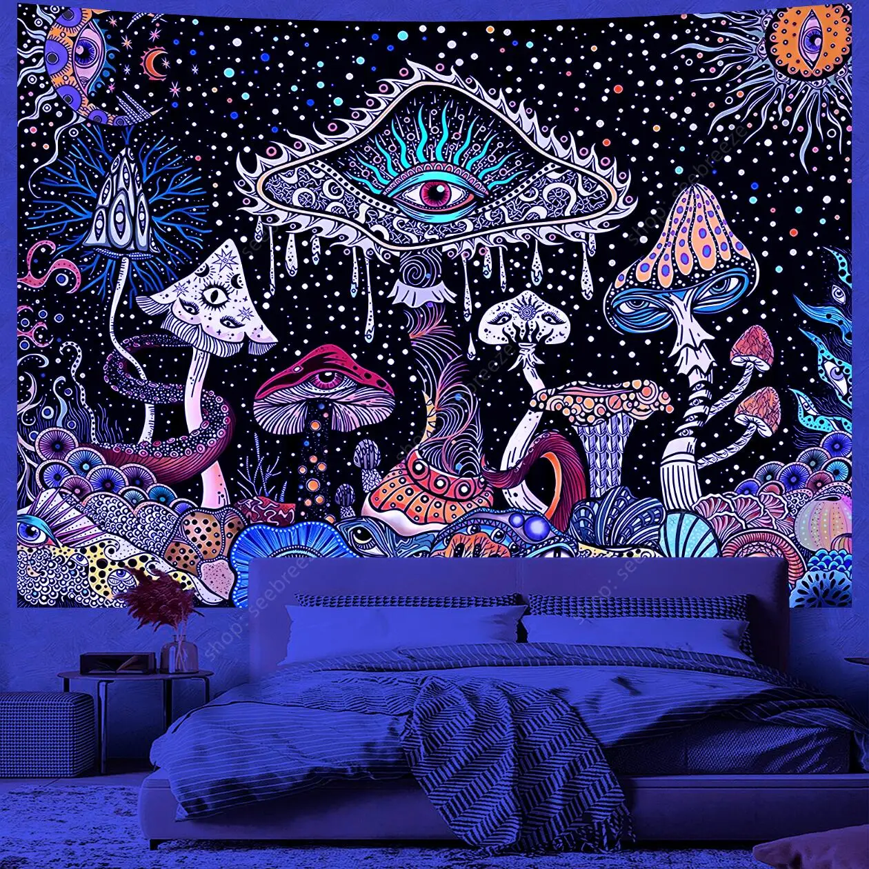 Cosmic Eye of God UV reactive tapestry Psychedelic hippie tapestry wall hanging used for aesthetic room wall decor Ceiling decor