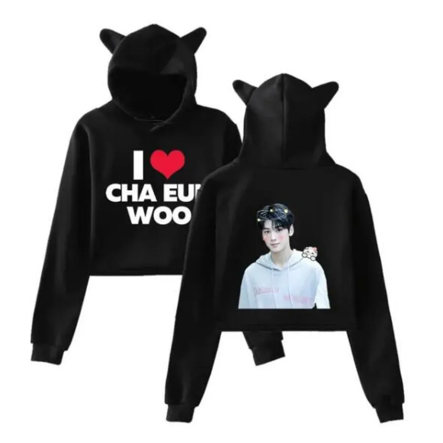 Korea Cha Eun Woo Merch Crop Top Hoodie Women Long Sleeve Hooded Harajuku Cropped Sweatshirt Casual Tracksuit KPOP Clothes