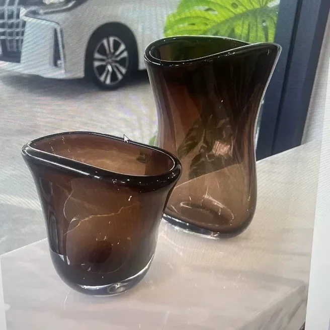 Simple light luxury new Chinese brown glass vase desktop ornament creative hotel model soft decoration jewelry with