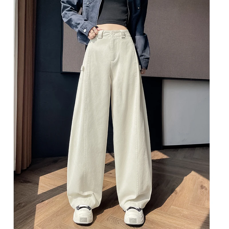 Coffee Wash Cotton Pants High Waist Wide Leg Curved Trousers Korean Loose Casual Harajuku Y2K Pocket Solid Color Straight Pants