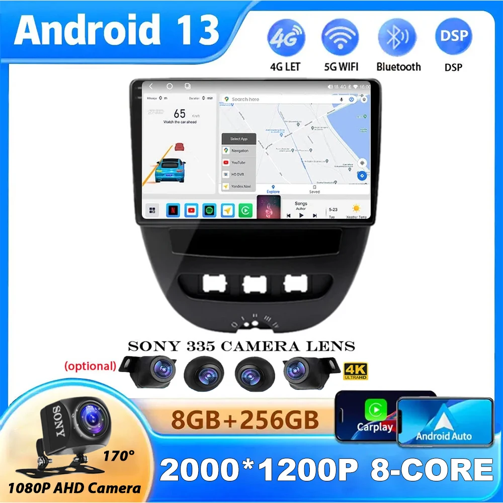 

360 Camera Stereo Android 13 For Peugeot 107 Toyota Aygo Citroen C1 2005 - 2014 Multimedia Video Player GPS Auto Carplay DSP BT