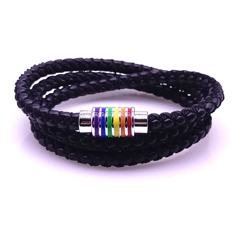 Stainless Steel Colorful Rainbow Leather Bracelet Men Women Spain National Flag Leather Bracelets Handmade Jewelry