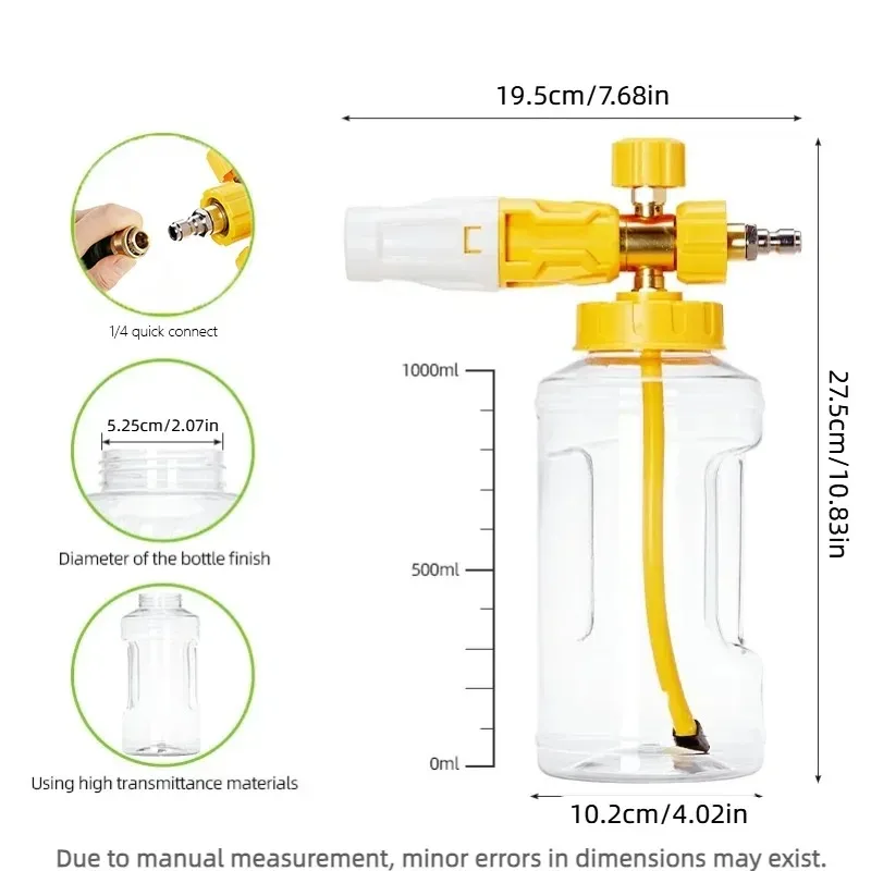 Pressure Washer Foam Cannon with 1/4 Inch Quick Connect, Pressure Activated, Adjustable Foam, Large Bottle for Car Detailing