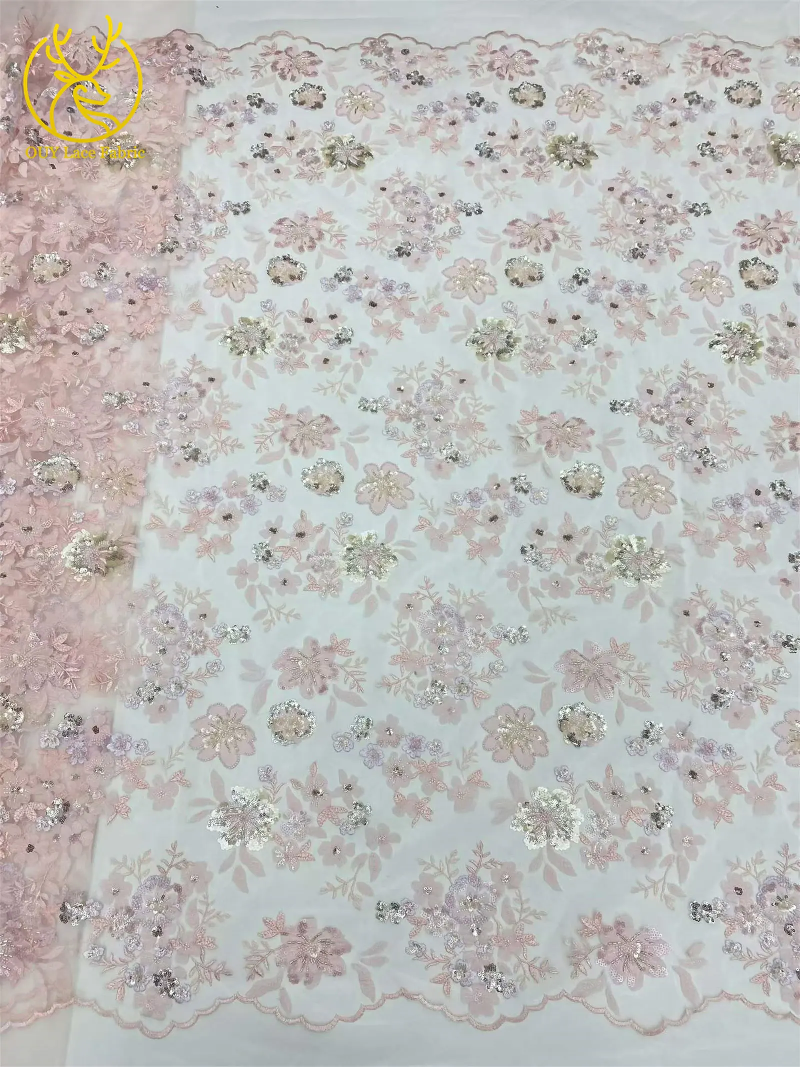 Eleganter Spitzenstoff mit Blumenstickerei und Pailletten, französischer Tüll mit Perlen, afrikanischer Spitzenstoff, nigerianische Spitze für Party- und Ballkleider – Detail 6