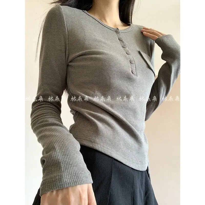 Pure Desire Wind Sweet Spicy Round Neck Button Drawstring Long Sleeve Small Pocket T-shirt Autumn/Winter Base Shirt Elastic Top