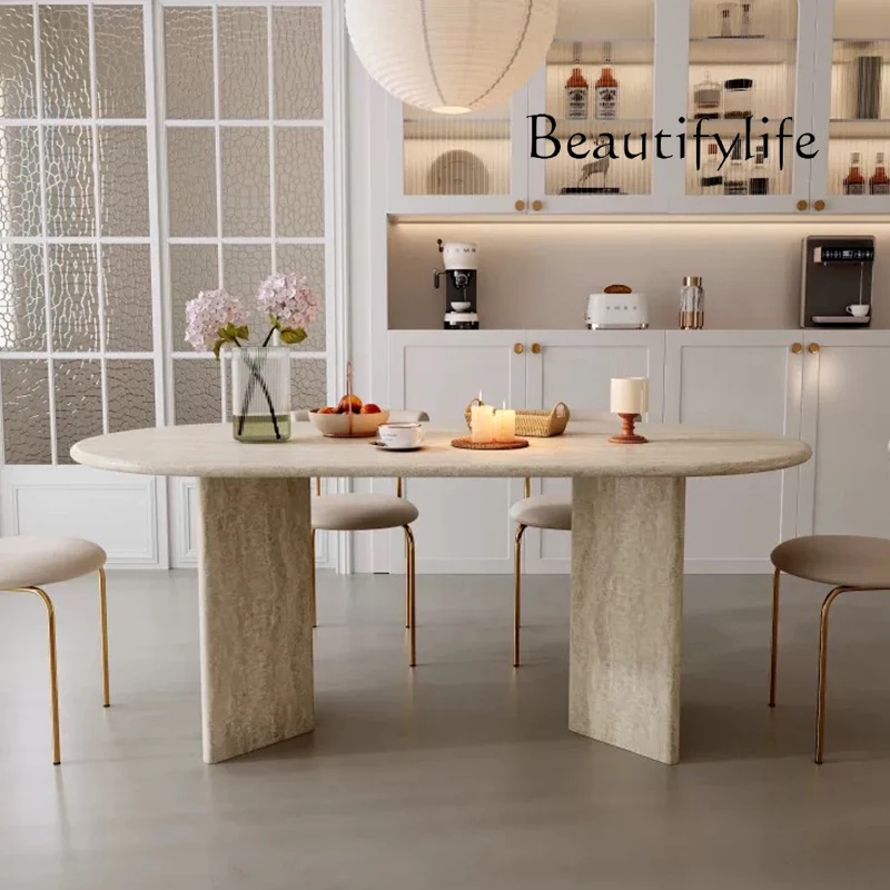 Modern simple living room light luxury travertine dining table long oval large and small apartment home wabi **** wind advanced