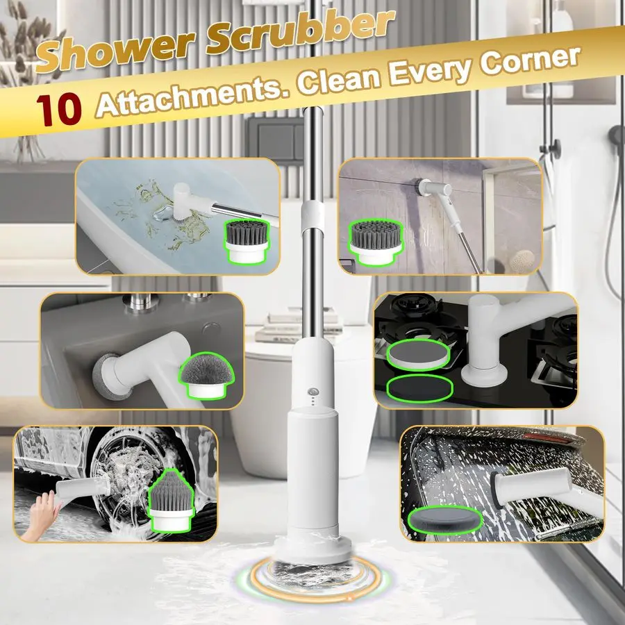 Вращающийся скруббер, аккумулятор емкостью 2600 мАч с удлиненным временем работы, 10 насадок для щетки, водонепроницаемый скруббер для душа IPX7 с длинной ручкой, 2