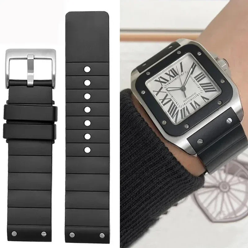 High quality Watch Band For Cartier Santos 100 Rubber black Watch Strap Men's Women's Silicone accessories bracelet 23mm