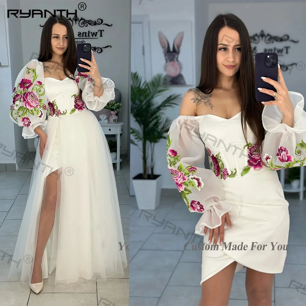 Ryanth-vestido acampanado de marfil para mujer, traje de fiesta de boda, vestido de noche para mujer, tren desmontable floral, túnicas de tul de soirée 2024