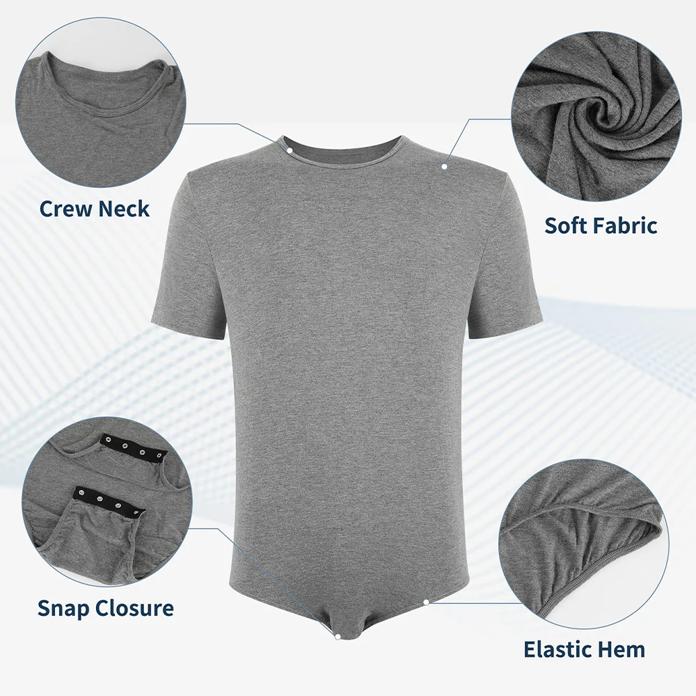 Men Short Sleeve Bodysuit Press Botton Crotch Shirt Pajamas Bodysuit Undershirts Leotard Top image 3