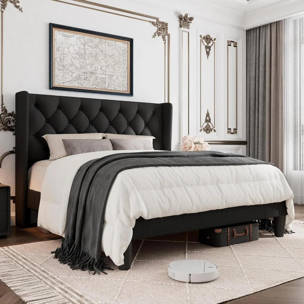 Full Size Bed Frame with Button Tufted Headboard, Upholstered Platform Bed Frame with UnderBed Storage, Wooden Slats Supports, N