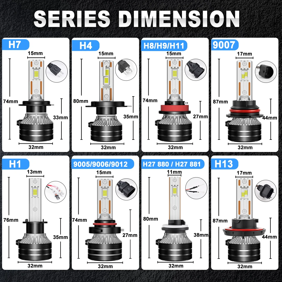 K5C H7 LED 60000LM Reflektory Canbus 8000K H1 H4 H11 9012 HIR2 H8 H9 9005 9006 HB3 HB4 High Power 6000K 5570 CSP Chipy — zdjęcie 4