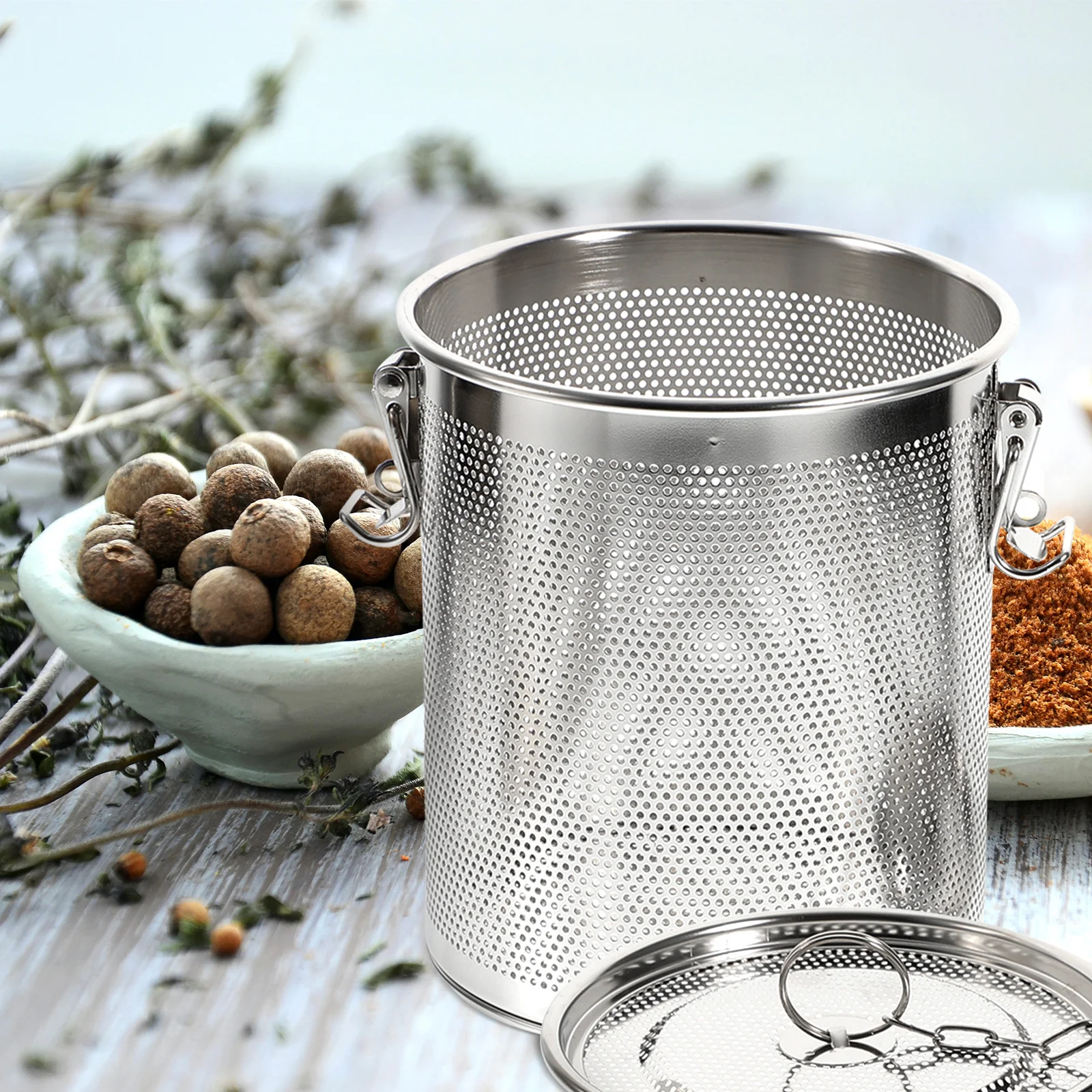 

1pc Stainless Steel Brine Basket Spice Strainer Soup Seasoning Bag Fine Mesh Long Chain Detachable Easy Clean Kitchen Bar Use