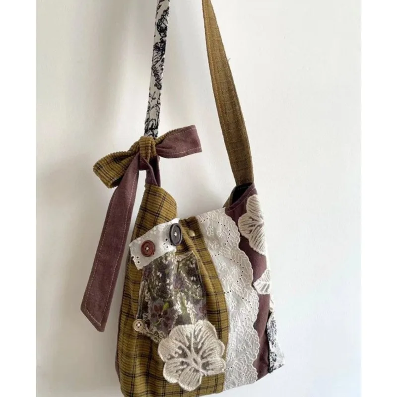 

JIAERDI Vintage Lace Large Capacity Handbag Women Retro Patchwork Canvas Casual Shoulder Bags Ladies Versatile Y2k Bags Сумка