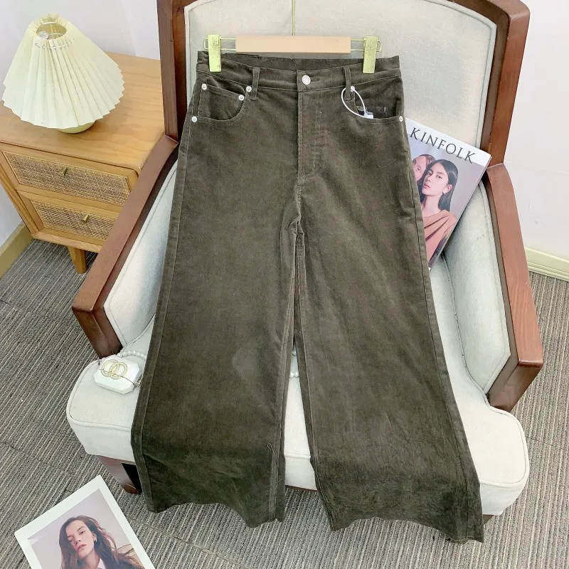 

Женские повседневные брюки из тонкого вельвета с высокой эластичностью, широкими штанинами, подолом с отстрочкой, на пуговицах, из смесового хлопка