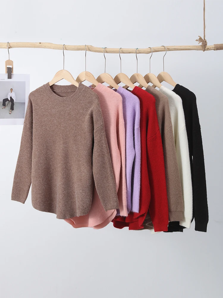 2023 Autum Warm Soft Fashion Long Sleeve Lady Knitwear Casual Loose Knit Pullover Women Solid O-neck Fluffy Sweater Female
