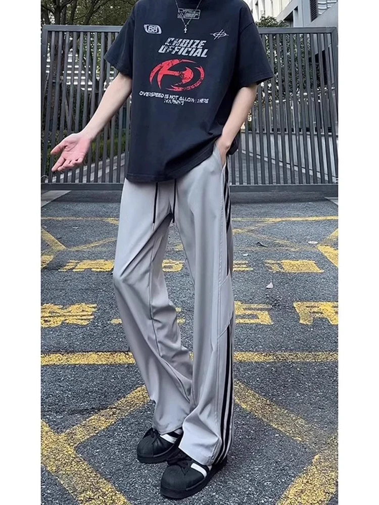

American High Street Striped Qui Dry Casual Pants Men's Summer Loose Drapey Ice Silk Breathable Wide Leg Sport Trousers