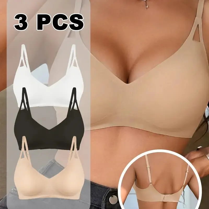 

3 Pack Women' Seamless V-neck Unpadded Sports Bras Everyday Basic T-Shirt Bra For Cup A B C D