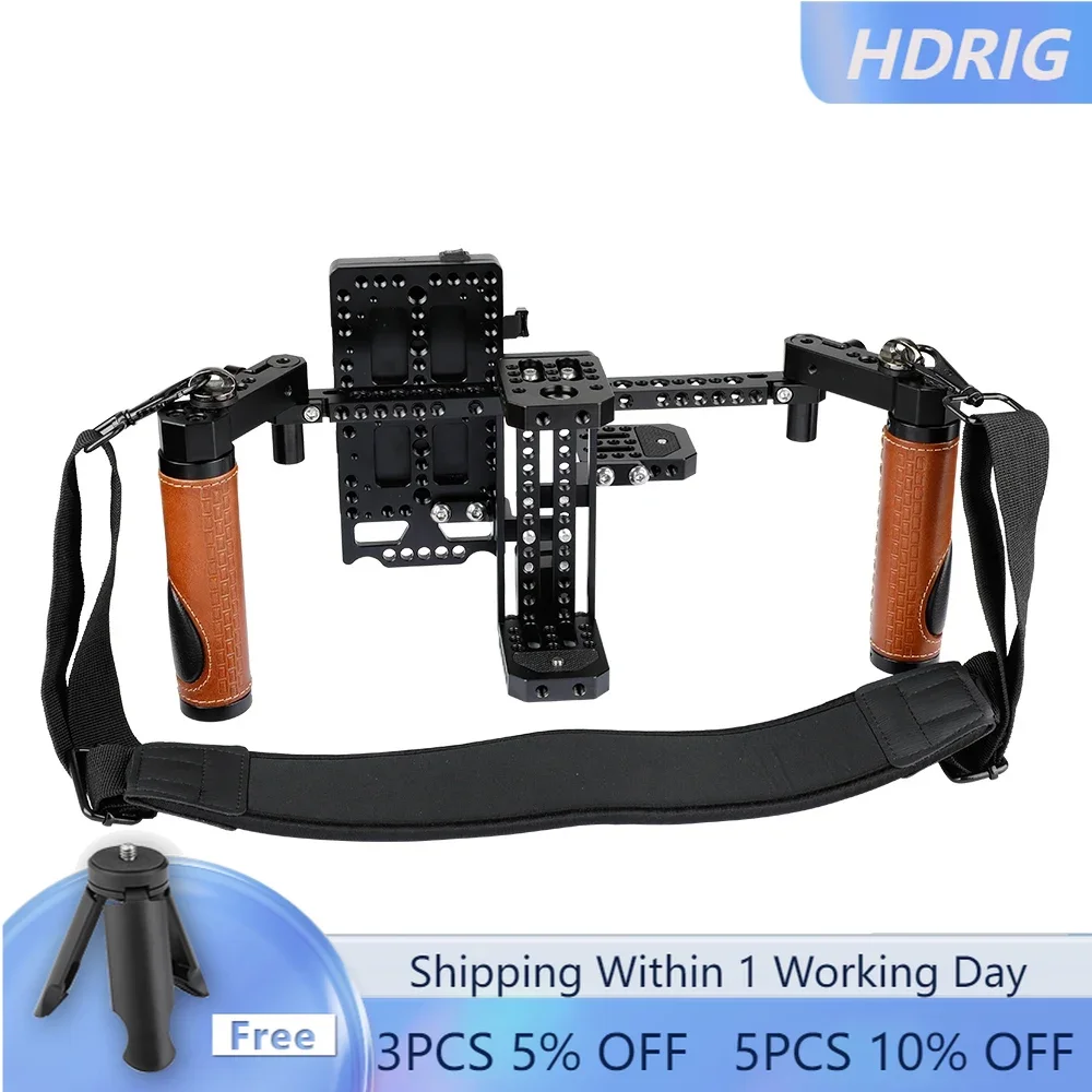 HDRIG Camera Director’s Monitor Cage Rig with Handle Grips Neck Strap V-lock Power Supply Splitter for 5‘’ 7‘’ Monitor