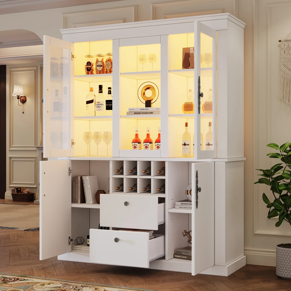 Vetrina da 130 * 37,5 * 170,5 cm con 2 cassetti e 4 ante dell'armadio, vetrina in vetro con LED e 8 ripiani per vino, grande mobiletto