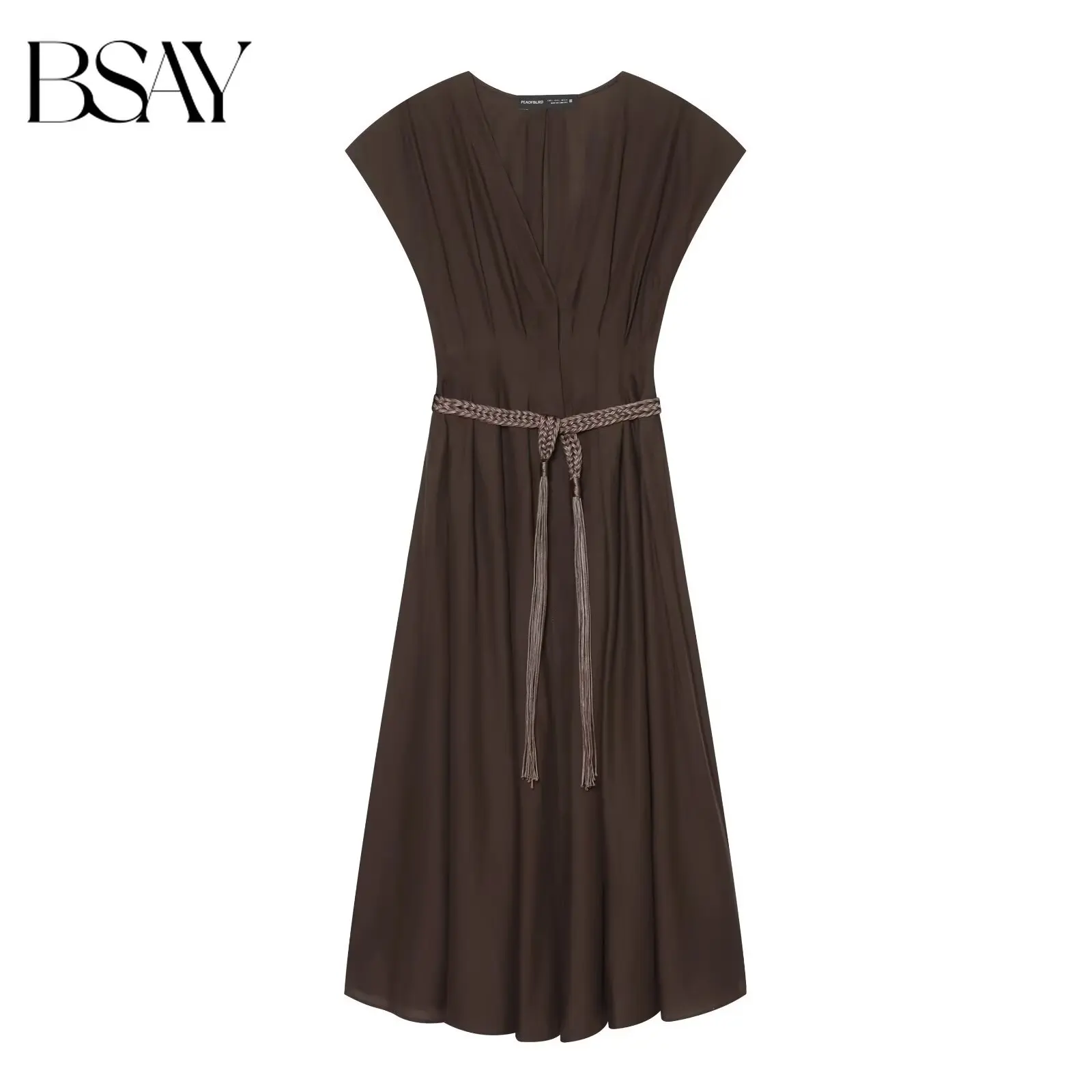 BSAY 2026 Elegantes Tief Ausgeschnittenes Midi-Kleid für Damen mit Kurzarm, Plissiertem Fließendem Stoff und Geflochtenem Quastengürtel, Sommer-Strandkleid für den Urlaub