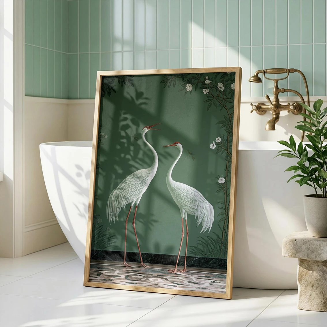 Oriental Chinoiserie Crane Floral Canvas Poster Set Vintage Dark Green Chinese Style Bird Wall Art for Living Room Bedroom Decor