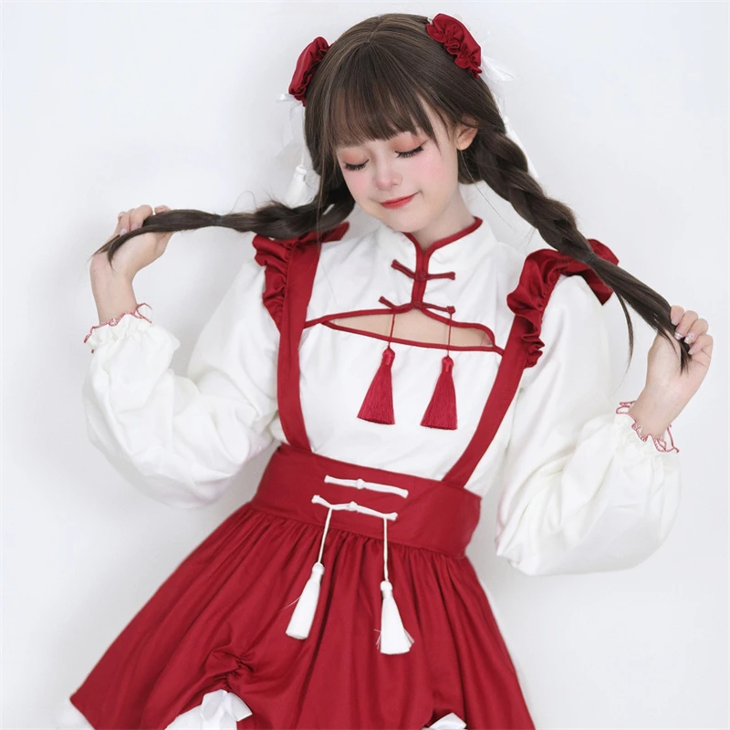 Wine Red and Off White Lolita Attire Stand Collar Buckle Long Sleeve Dress and Apron Suit Japanese Anime Maid Cosplay Costume