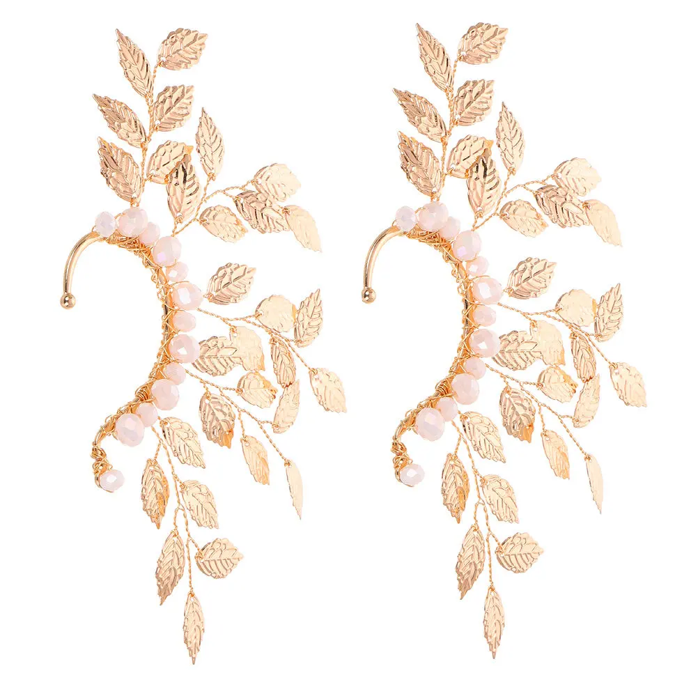 2pcs Leaf Ear Cuffs: Pearl Rhinestone Elf Fairy Earrings Non Piercing Adjustable Clip On For Women Wedding Party Halloween