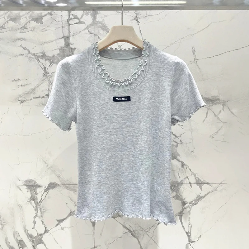 

Высококачественная трикотажная футболка ort-Sve с лоскутным кружевом для молодых девушек, корейский облегающий крой, однотонный цвет