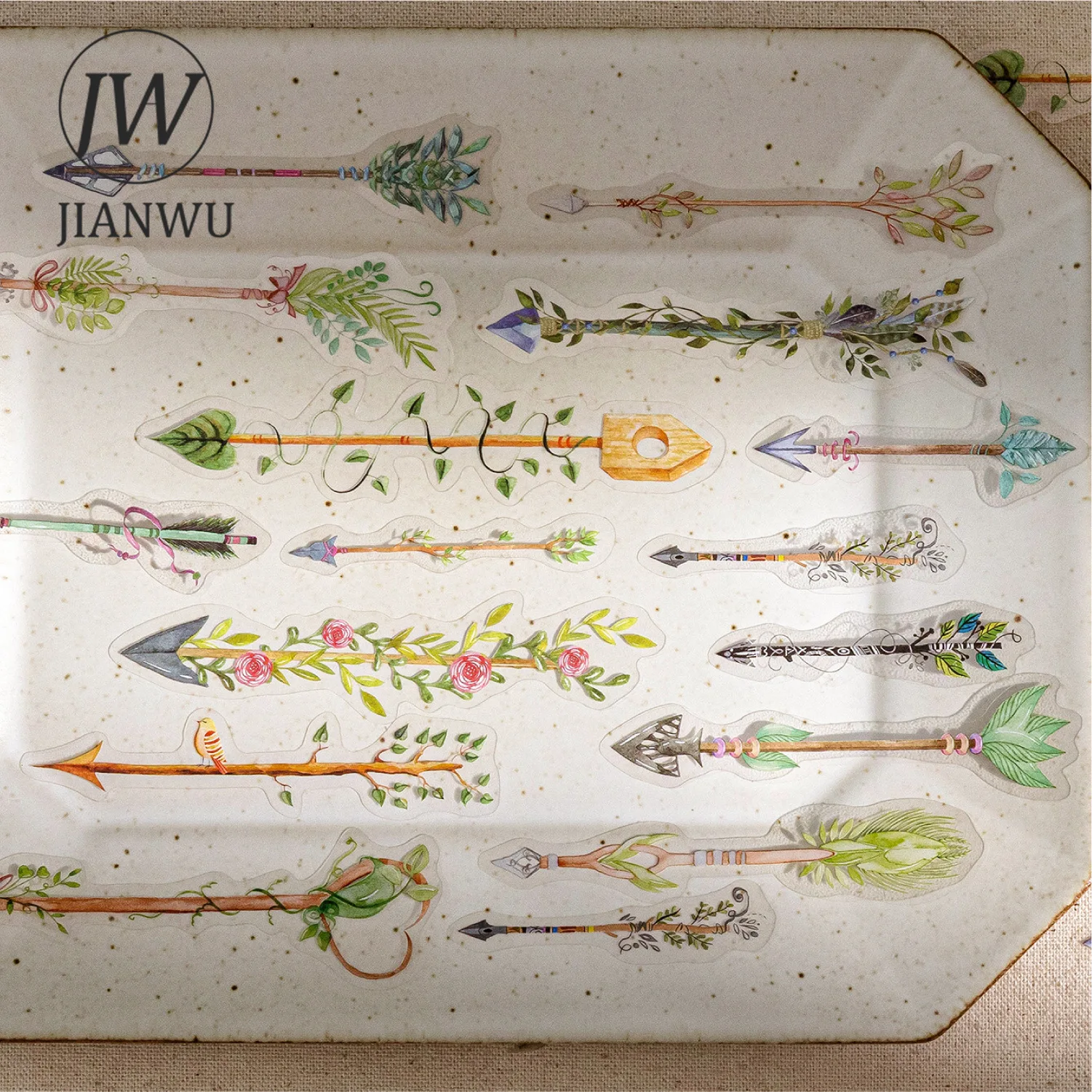 JIANWU Retro Feather Trace Series Vintage Plant Flower Arrow Landscape Material Collage PET Sticker Creative Journal Stationery