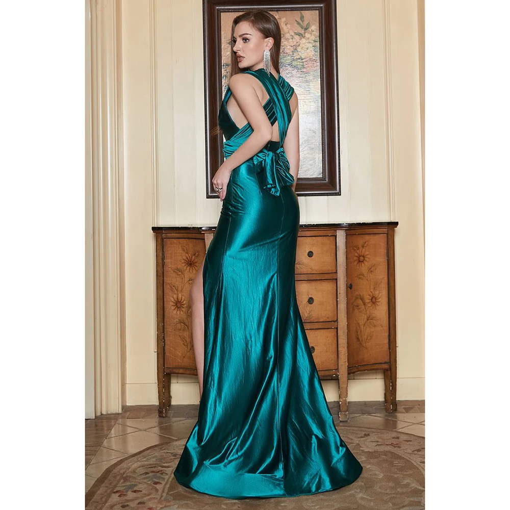 Classy Blue Women Prom Dresses Halter Sleeveless High Side Split Floor Length Trumpet Slim Fit Sexy Evening Party Banquet Gowns