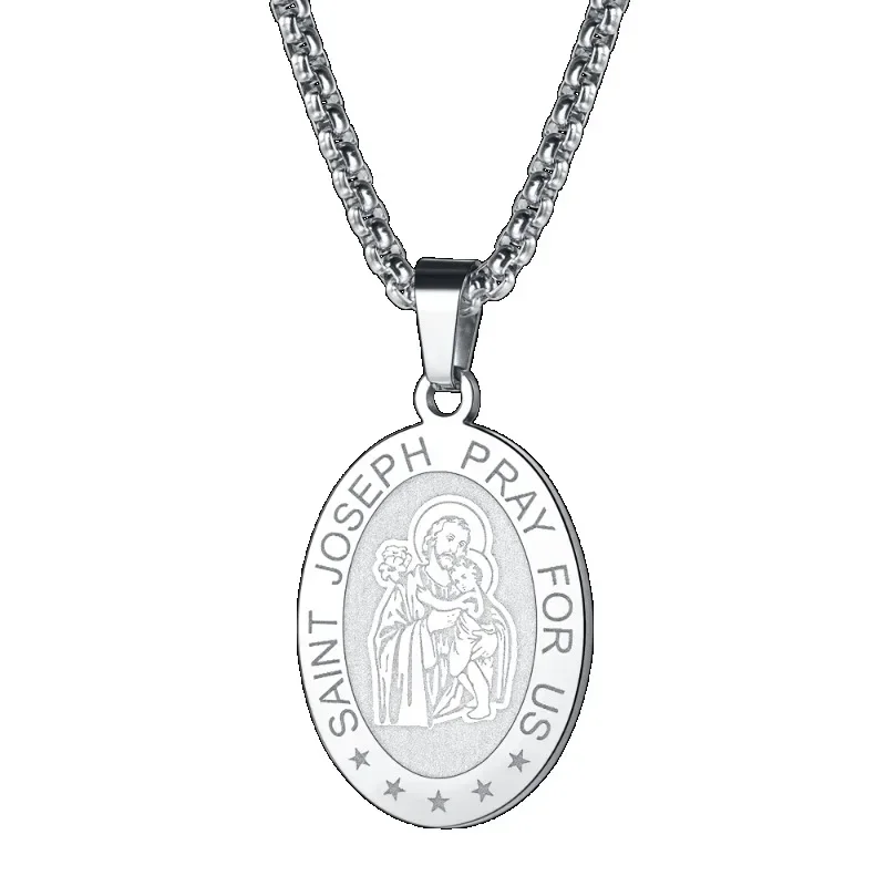 Necklace for Men Boys Stainless Steel Saint Joseph Oval Medal Jewelry Blessings Amulet Necklaces Religious Gifts for Father