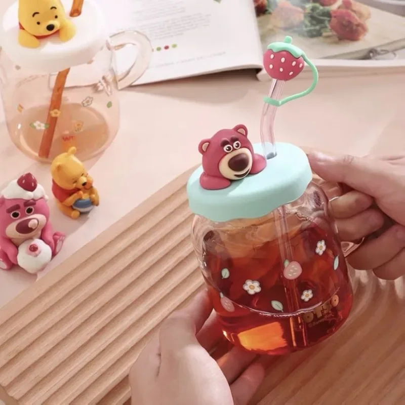 Disney Lotso Winnie the Pooh new creative male and female cartoon cute high-looking large-capacity glass water cup with lid