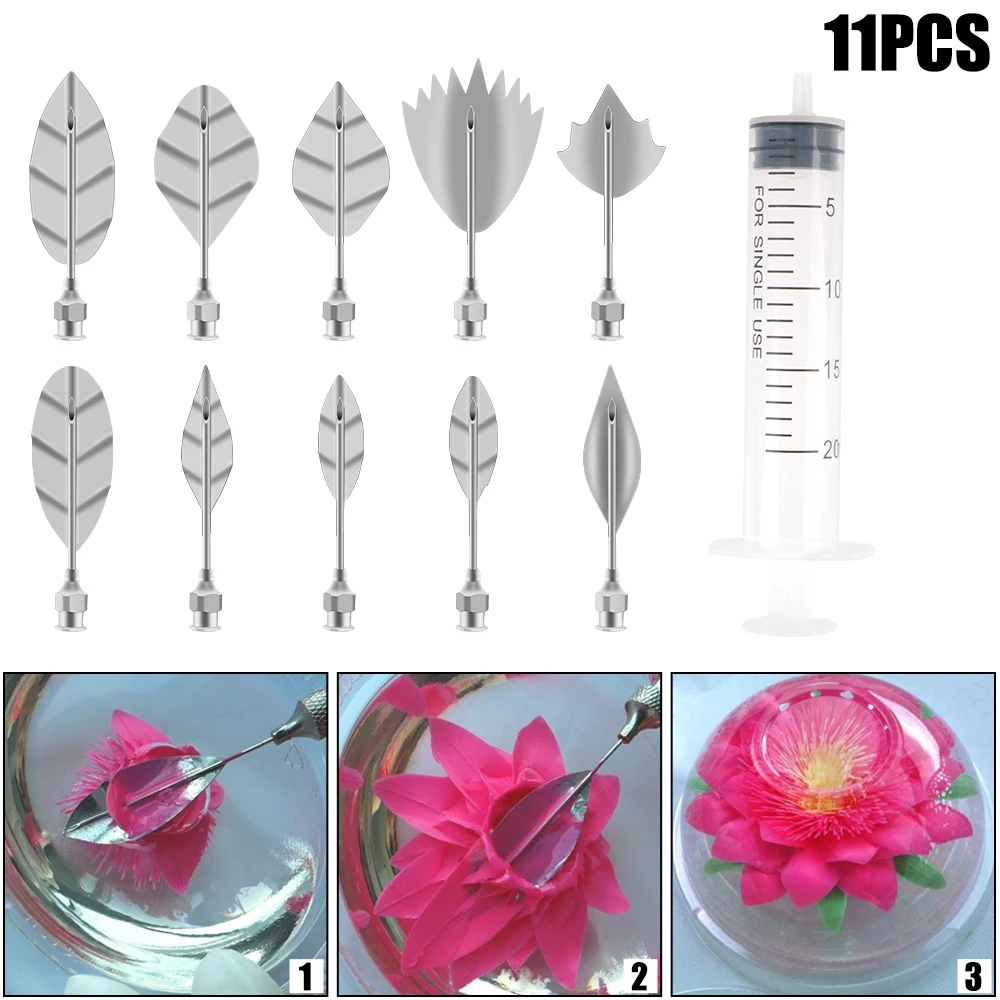 Herramientas de arte de flores de gelatina 3D, herramientas de gelatina para pastel de gelatina, herramientas de decoración de pasteles, 10 Uds., boquilla para pudín + 1 herramientas de jeringa