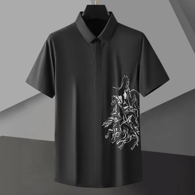 Symmetric Group Horse Embroidery Shirt For Men Summer Short Sleeved Slim Fit Casual Shirts Fashion Business Social Men Clothing