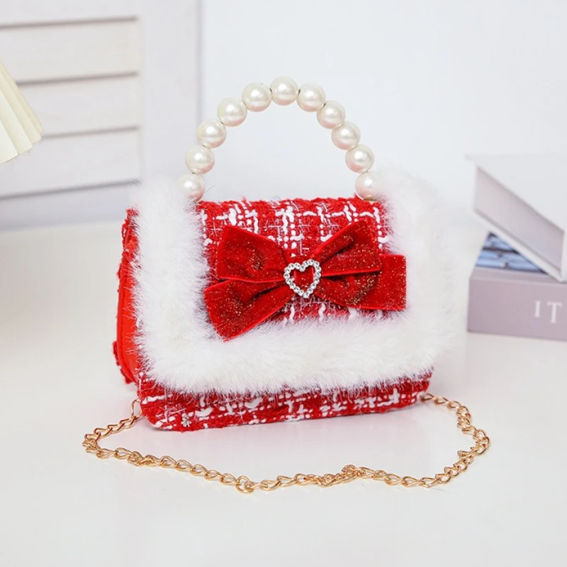 

Cute Pearl Handle Girls Chain Crossbody Bags Winter Soft Plush Kids Handbags Sweet Bow Houndstooth Plaid Princess Shoulder Bags