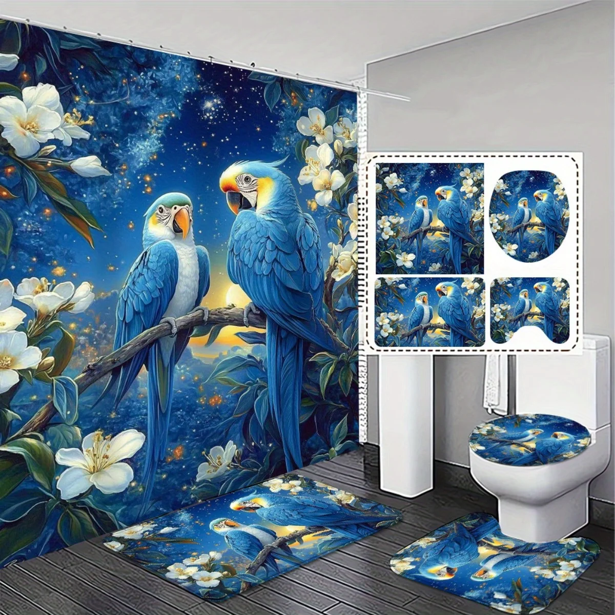 

4 шт., элегантный синий попугай, высококачественная занавеска для душа и нескользящий набор ковриков для ванной комнаты, изысканный и практичный