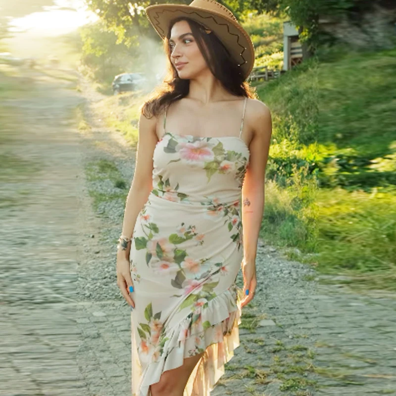 Hxao vestido feminino estampado verão 2025, casual, midi, costas nuas, em camadas, peça única, resort, babados, sem mangas