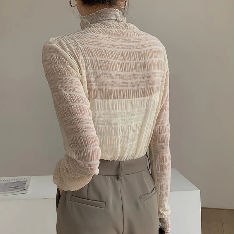 Lace Sheer T Shirt Women Summer Long Sleeve Top Turtleneck T-Shirts Korean Style Clothes Slim Tee Shirt Femme Camisetas De Mujer
